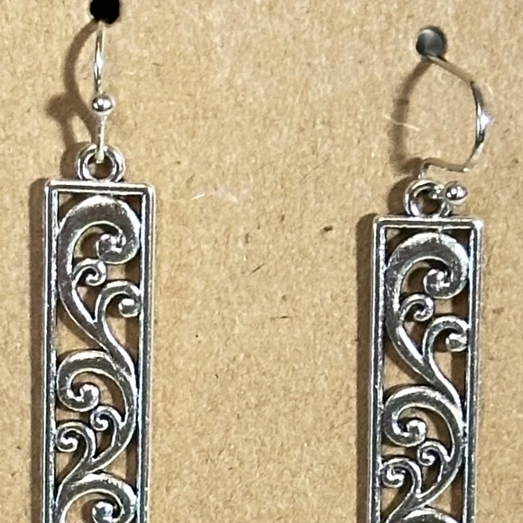 2/$20 Silver tone long rectangular filigree & swirl hook earrings - Picture 9 of 9